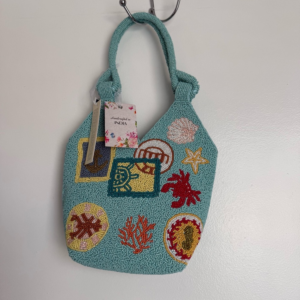 NWT women’s Embroidered Teal blue beaded Beach bag lobster bag beach